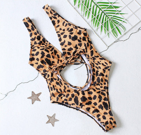 One-piece swimsuit with leopard print